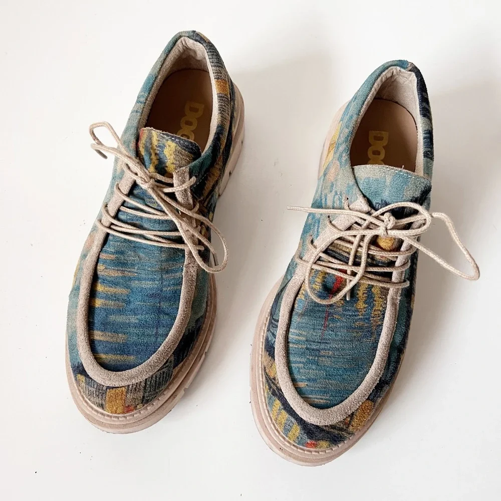 Vintage Chunky Avant Garde Artsy Tapestry Lace Up Platform Shoes Women's Size 39